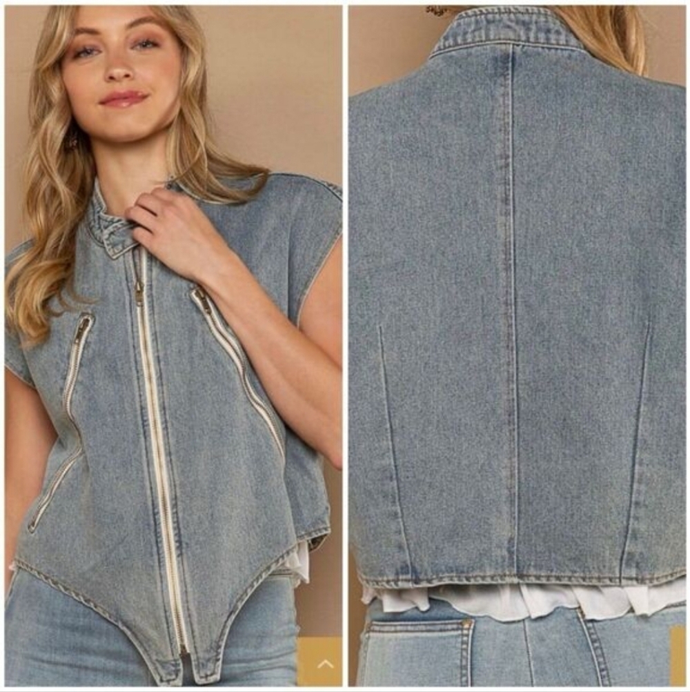 NWT POL Sleeveless High Neck Denim Vest with Zipper Size Small
